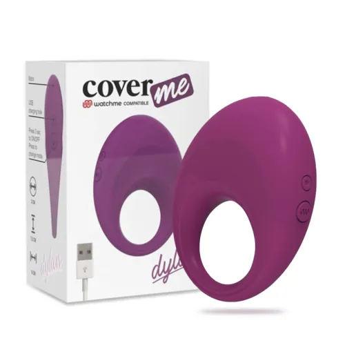 Lila Vibrationsring mit Verpackung und USB-Ladekabel, Produktname "cover me" sichtbar.