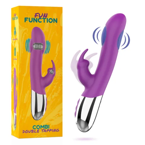 Purple vibrator with packaging, yellow background, inscription "Fun Function Combi Double Tapping".