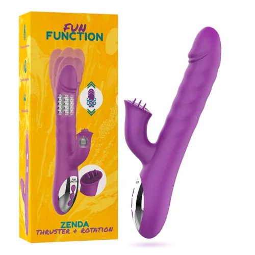Purple vibrator with clitoral stimulator, packaging shows functions: thrusting and rotating motion.