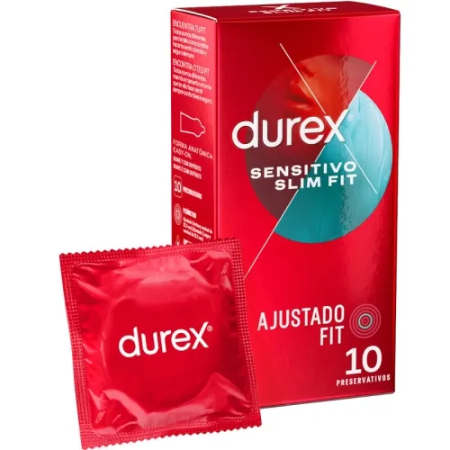 Red Durex packaging containing condoms, "Sensitivo Slim Fit", 10 pieces.
