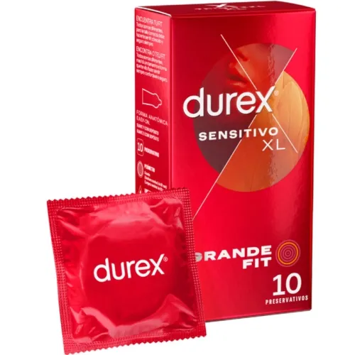 Rote Durex Sensitivo XL Kondomverpackung mit 10 Stück, daneben ein einzelnes Kondom in roter Folie.