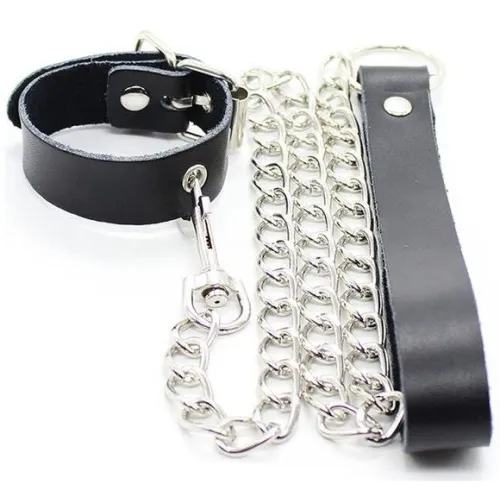 Black leather collar with silver chain and matching leather leash.