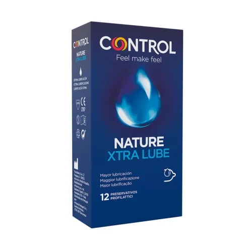 Packaging of Control Nature Xtra Lube condoms, 12 pieces, blue box with water droplet design.