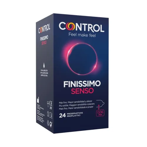 Packaging of Control Finissimo Senso condoms, 24 pieces, 0.06 mm thin, with optimal lubrication.
