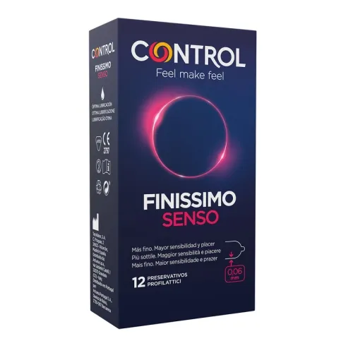 Packaging of Control Finissimo Senso condoms, 12 pieces, 0.06 mm thin, for increased sensitivity and pleasure.