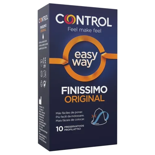 Packaging for Control Finissimo Original condoms, 10 pieces, with "easy way" design and multilingual description.