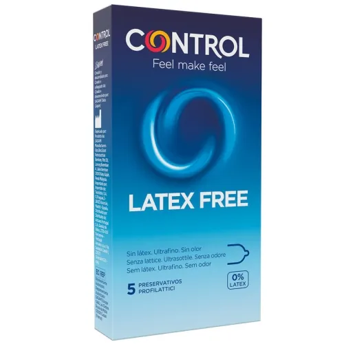 Verpackung von Control Latex Free Kondomen, blaues Design, 5 Stück, latexfrei, ultradünn, geruchlos.