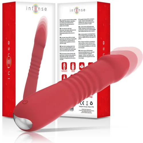 Roter Vibrator mit Verpackung im Hintergrund, Markenname "intense" sichtbar.