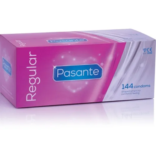 Pink box containing 144 Pasante Regular condoms, CE mark visible.