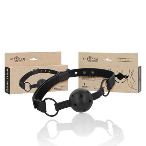 Black ball gag with packaging, brand "Intense Fetish", on a white background.