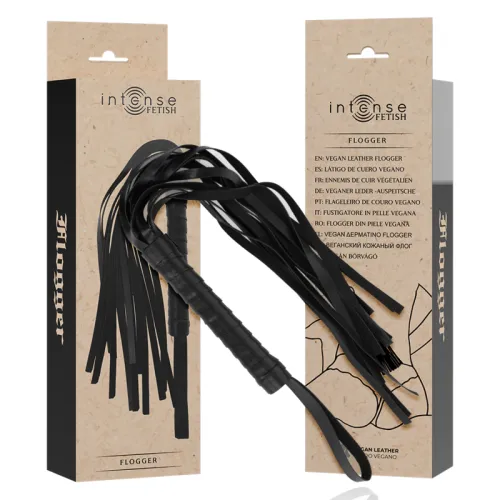 Schwarzer veganer Leder-Flogger mit Verpackung, Markenname "Intense Fetish", mehrsprachige Produktbeschreibung.