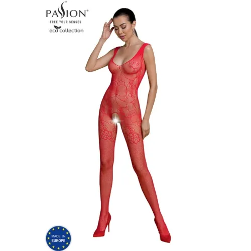 Woman in red, sheer bodystocking with floral pattern, standing against a white background.
