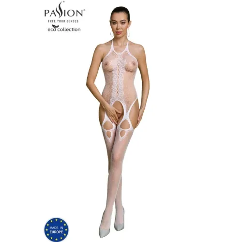 Woman in a white mesh bodysuit with cut-outs, standing against a white background. Text: "Passion Eco Collection".