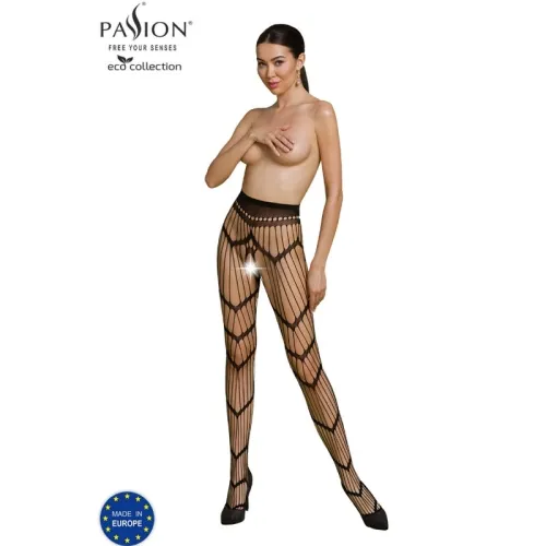 Woman in patterned tights, holding one hand in front of her chest. Text: "Passion Eco Collection, Made in Europe".