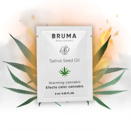 Bruma Sativa Seed Oil packet, surrounded by cannabis leaves and flames, 6 ml, warming effect.