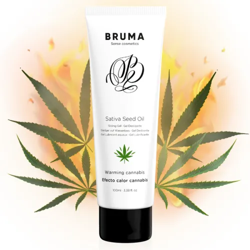 Tube of Sativa Seed Oil in front of flames and cannabis leaves, text: "Warming cannabis, Efecto calor cannabis".