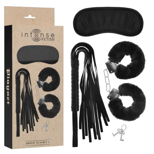 Packaging containing eye mask, whip, handcuffs and keys, labeled "Intense Fetish Erotic Playset 1".
