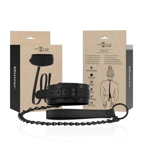 Schwarzes veganes Lederhalsband mit Kette, Verpackung im Hintergrund, Produktdetails und Illustration einer Person.