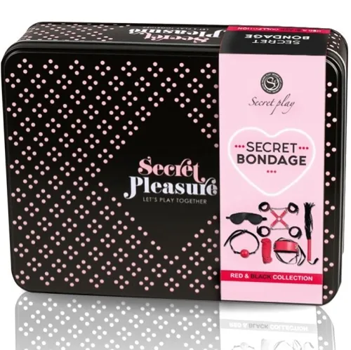 Schwarze Box mit rosa Punkten, Aufschrift "Secret Pleasure", enthält Bondage-Set, rote und schwarze Accessoires.