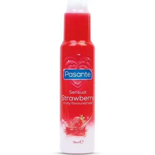 Rote Flasche mit Erdbeer-Gleitgel von Pasante, 75 ml, mit Herz- und Erdbeermotiv auf dem Etikett.