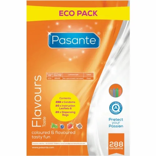 Orange packaging of Pasante Flavours condoms, 288 pieces, with various flavors and colours.