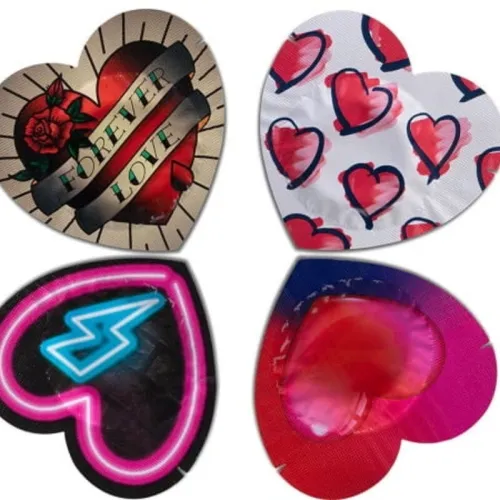 Four heart-shaped condom packages with different designs, including "Forever Love" and colorful hearts.