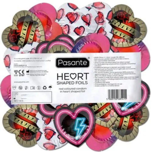 Red heart-shaped condoms in a bag, 144 pieces – Pasante