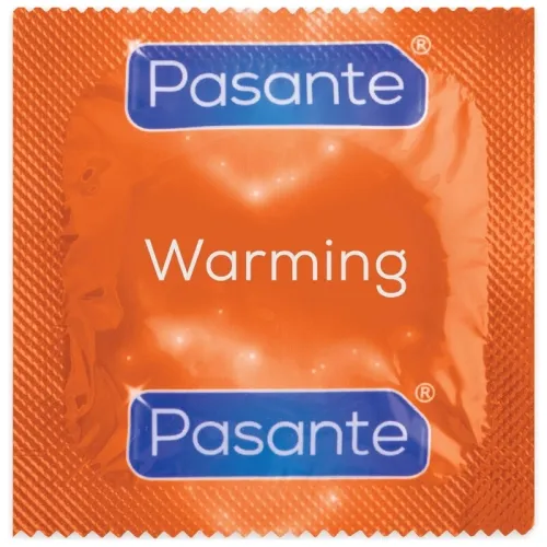 Orange condom packaging with the inscription "Pasante Warming".