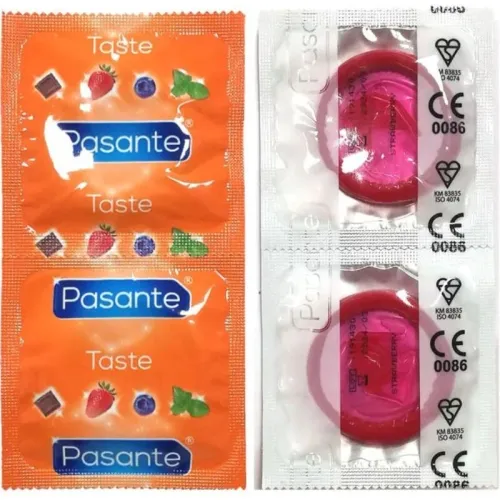 Two packs of Pasante condoms, orange on the left with fruit motifs, transparent on the right with a red condom visible.