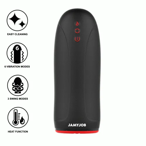 Schwarzes Gerät mit 6 Vibrationsmodi, 3 Schwingmodi, Heizfunktion und einfacher Reinigung. Marke: Jamyjob.