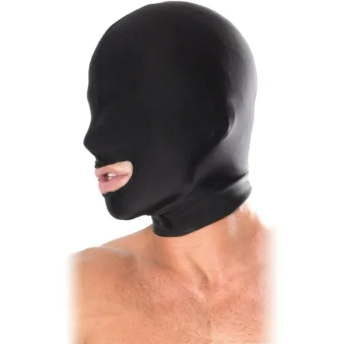 Person wearing a black mask covering the face, with an opening for the mouth.