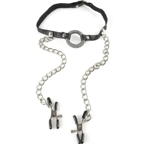 Black headband with metal ring and chains leading to two clips.