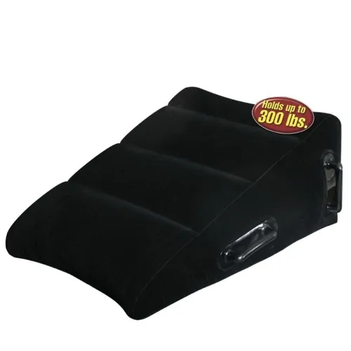 Black inflatable wedge cushion with handles, holds up to 300 pounds.