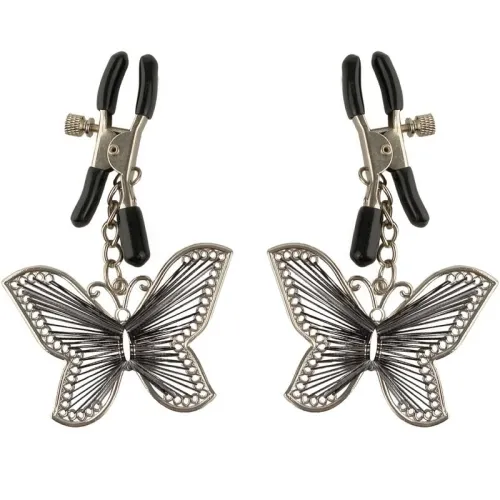 Two silver butterfly pendants with black clips.