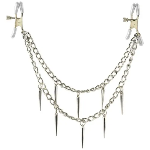 Silver chains with pointed pendants and clamps at the ends.