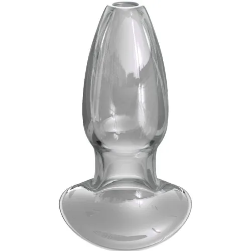 Klarer Glasstopfen mit breiter Basis und glatter Oberfläche, stehend aufrecht.