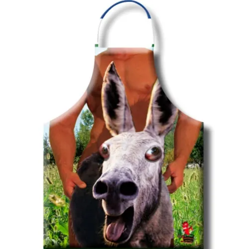 Apron with a funny donkey motif, showing the body of a muscular man in front of a green meadow.
