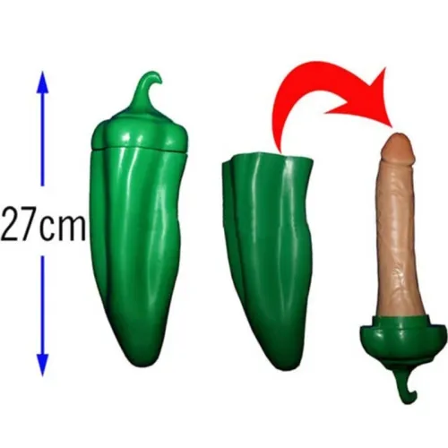 Green bell pepper skin concealing a 27 cm long dildo, with an arrow to illustrate the opening.