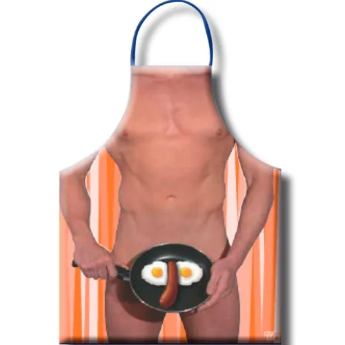Schürze mit nacktem Oberkörper-Design, Pfanne mit Spiegelei und Wurst als humorvolles Motiv.