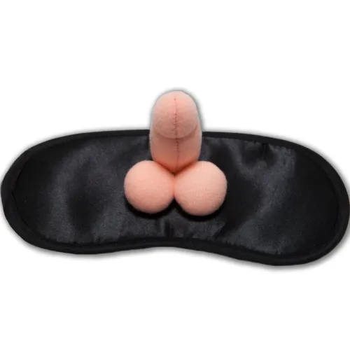 Black eye mask with a small, flesh-colored, plush pendant in the shape of a penis.