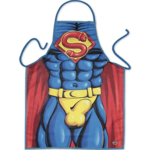 Blue apron with superhero design, muscular torso, red "S" symbol, yellow belt and red cape look.