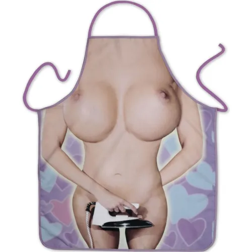 Apron with a humorous, revealing design of a naked woman holding an iron.
