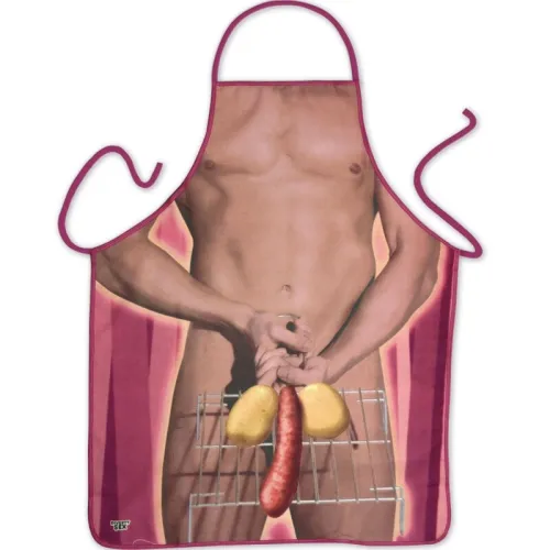 Apron with a humorous print of a naked torso, grill with sausage and potatoes in the foreground.