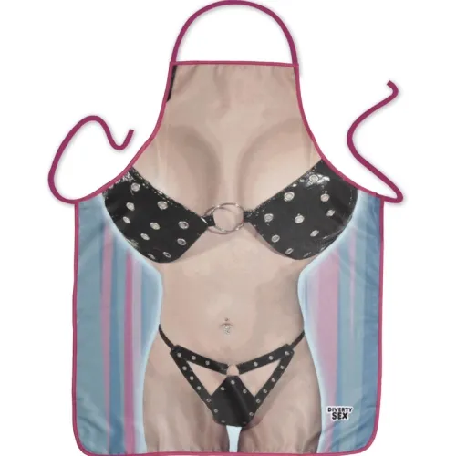 Apron with printed bikini design in black with studs and ring details.