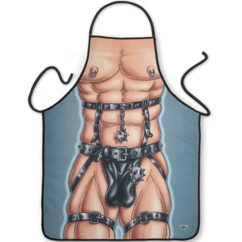 Apron with a printed image of a muscular male body in leather clothing and chains, humorously designed.