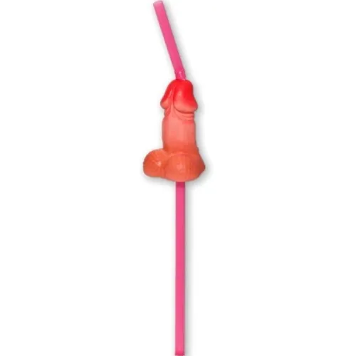 Pink straw with a humorous, anatomically shaped decoration.