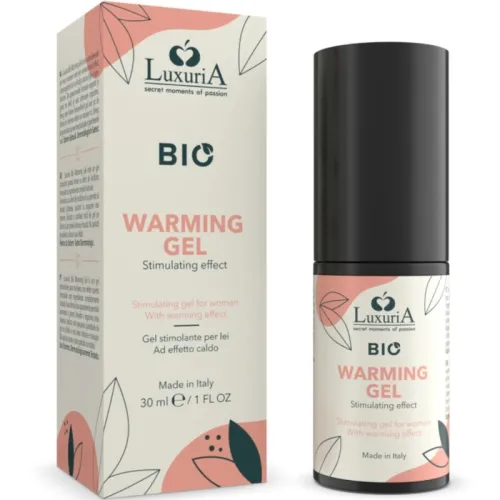 LuxuriA Warming Gel, 30 ml, in einer weißen Verpackung mit rosa Akzenten und schwarzem Deckel, stimulierender Effekt.