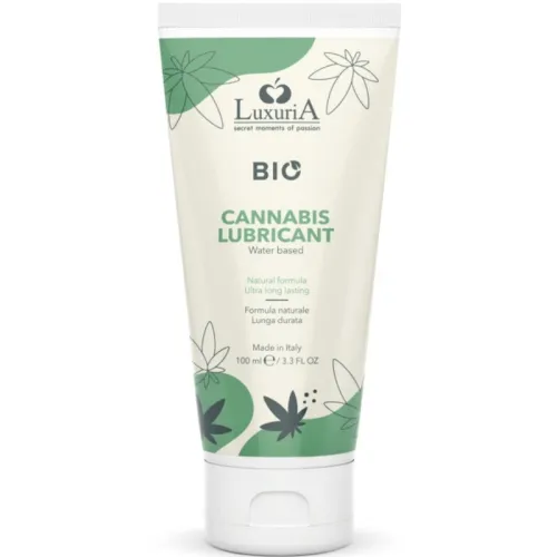 Tube of Luxuria Bio Cannabis water-based lubricant, 100 ml, made in Italy.