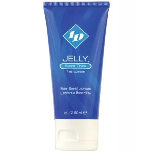 Blue and white tube labeled "ID Jelly Extra Thick, Water-based lubricant, 60 ml".