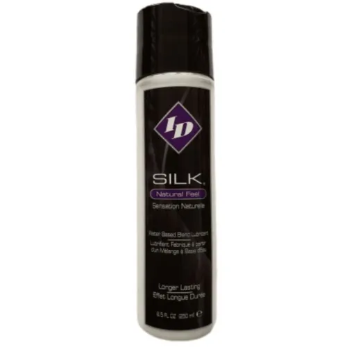 Black bottle with purple logo, inscription "ID Silk Natural Feel", water-based lubricant, 250 ml.